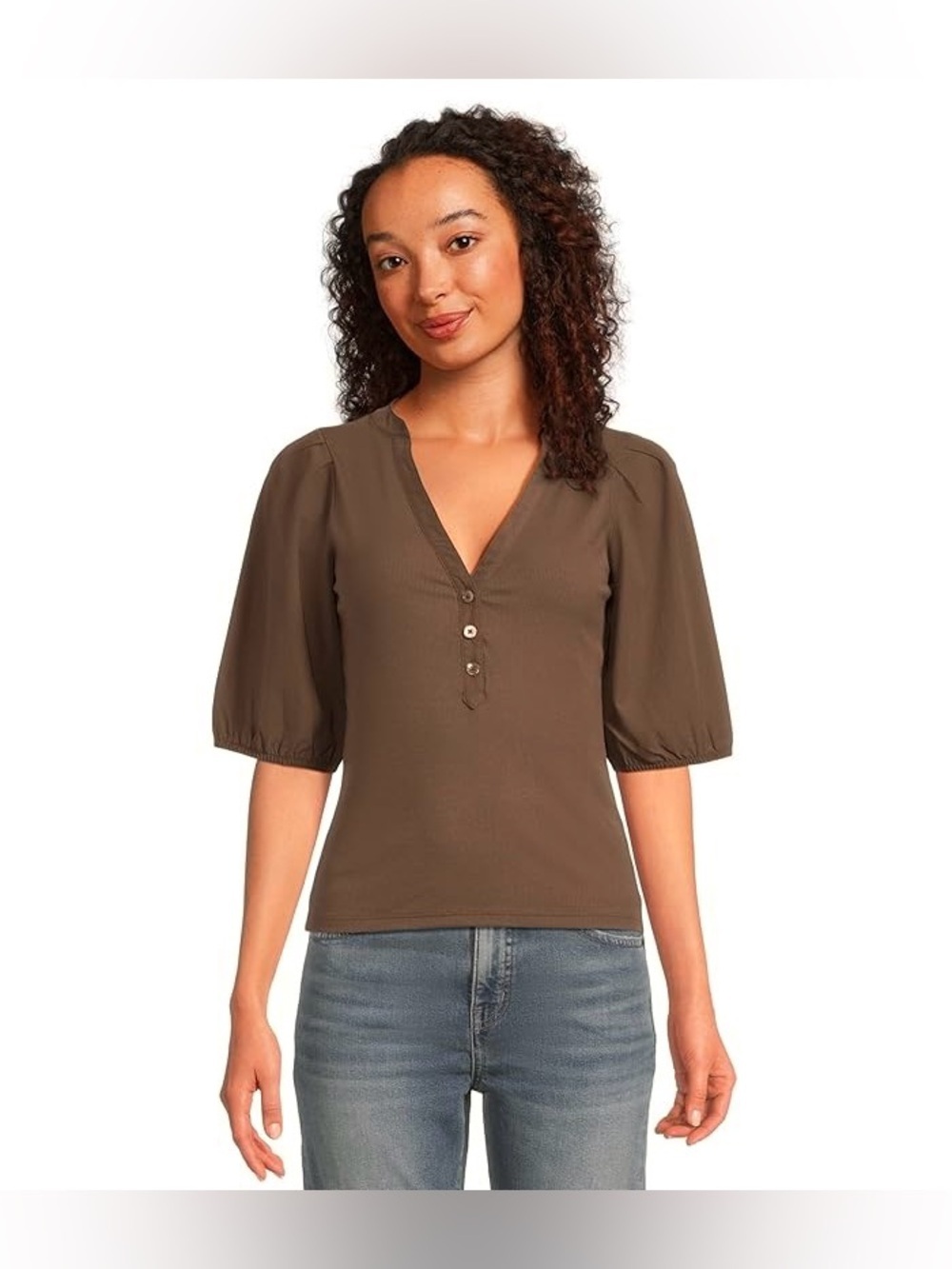 Madewell Brown Puff Sleeve Henley Knit Top XS NWT Modal Blend